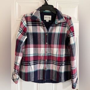 Orvis Jacket Womens‎ Medium Blue Red Tartan Plaid Snap Up Fleece Lined Shacket
